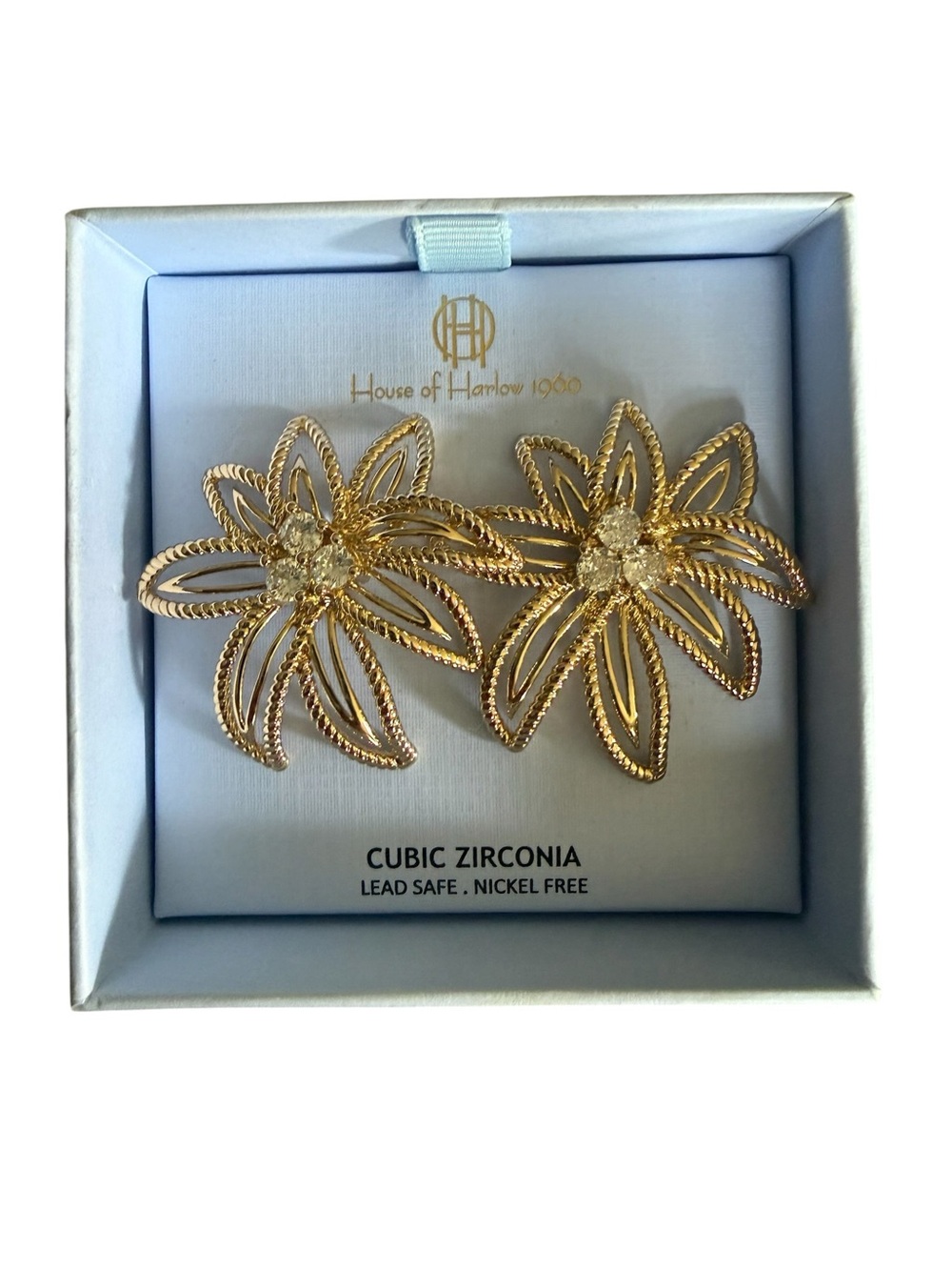 House of Harlow 1960 Gold Floral Openwork CZ Earrings
